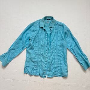 Bohio Blue Linen Button Up Pleated Embroidered Shirt, Size Medium